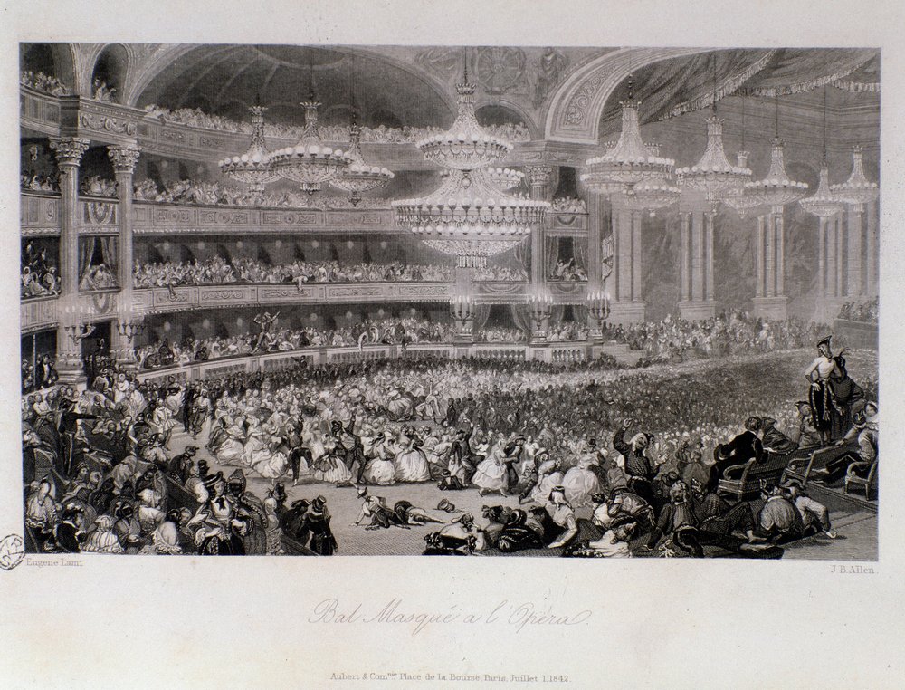 Ball mask organized at the Opera de Paris. Engraving by Eugene Louis ...