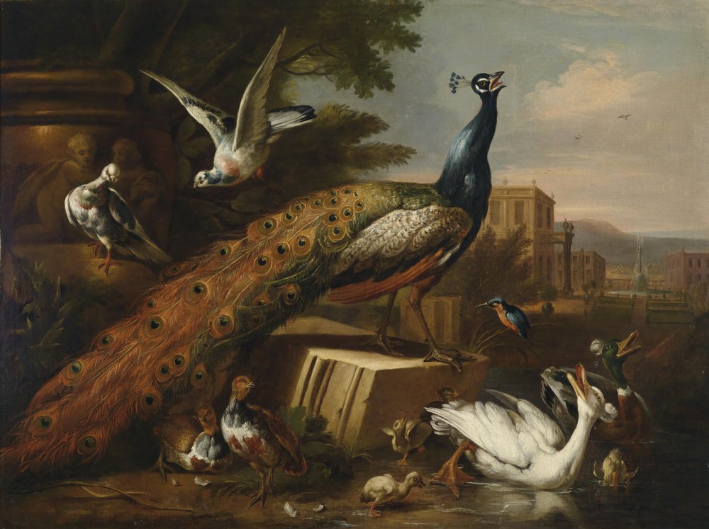 A peacock surrounded by pigeons, chickens and waterfowl in a castle park by Follower of Pieter Casteels III