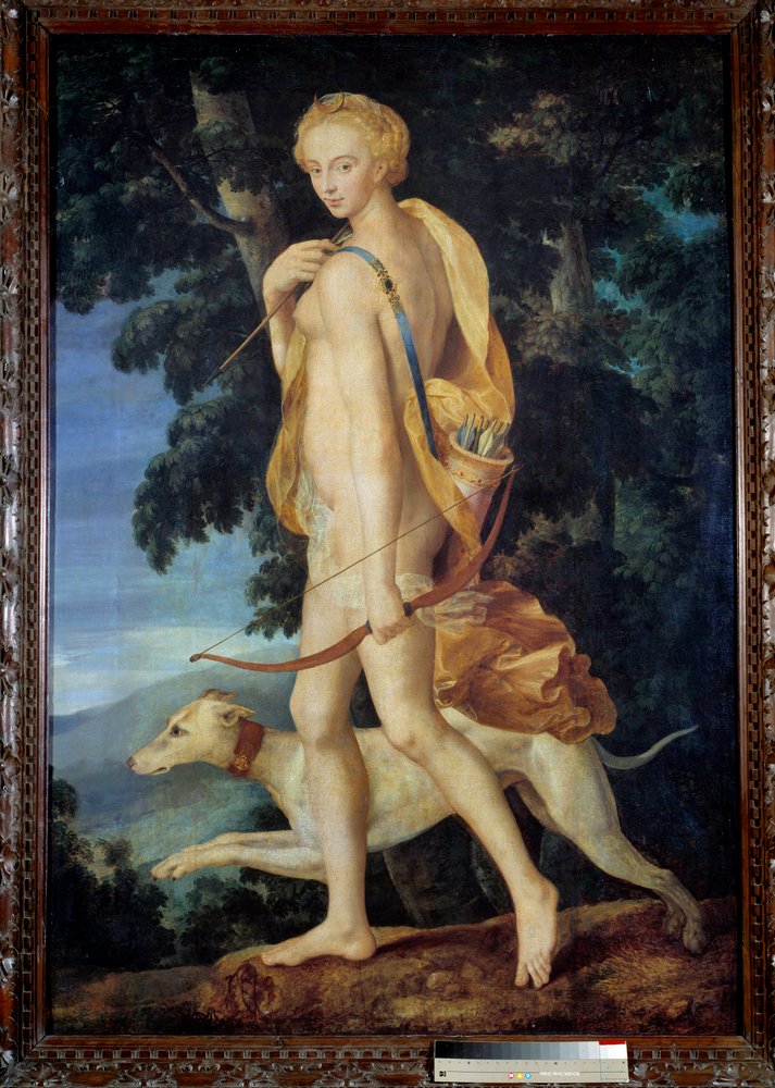 The goddess armed with a bow is accompanied by a dog. Painting of the School of Fontainebleau. 16th century. 1.91 x 1.32 m - The goddess Diana the Huntress, armed with a bow and accompanied by a dog. Painting by the School of Fontainebleau. 16th century. by Fontainebleau School