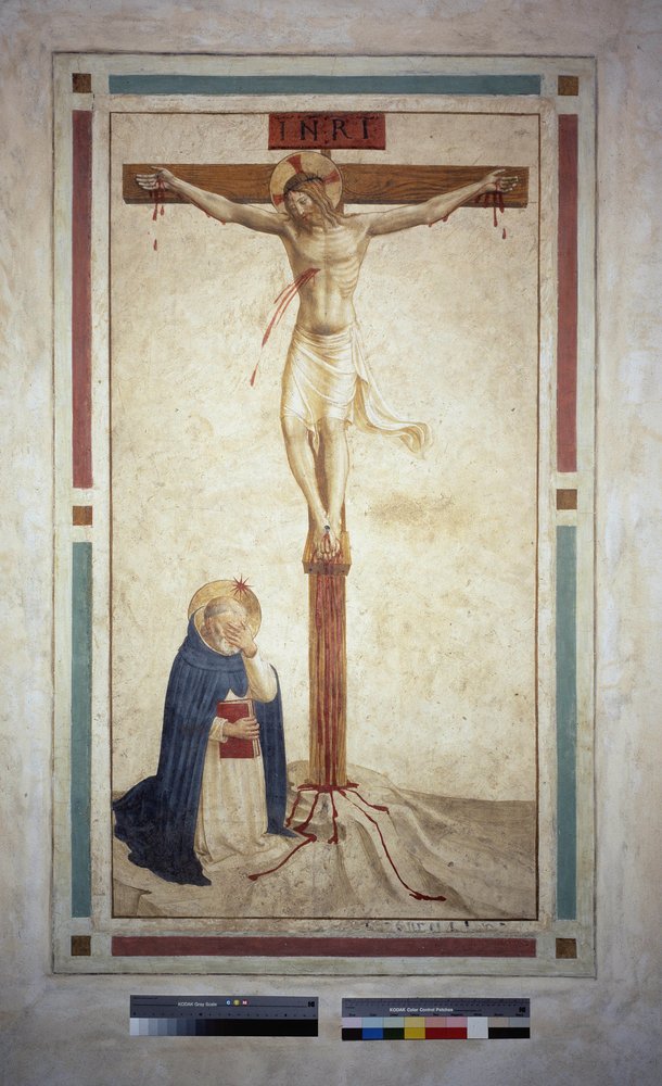 The Crucifixion with Saint Dominic. Inscription “INRI” on the cross. Fresco by Guido di Pietro by Fra Angelico