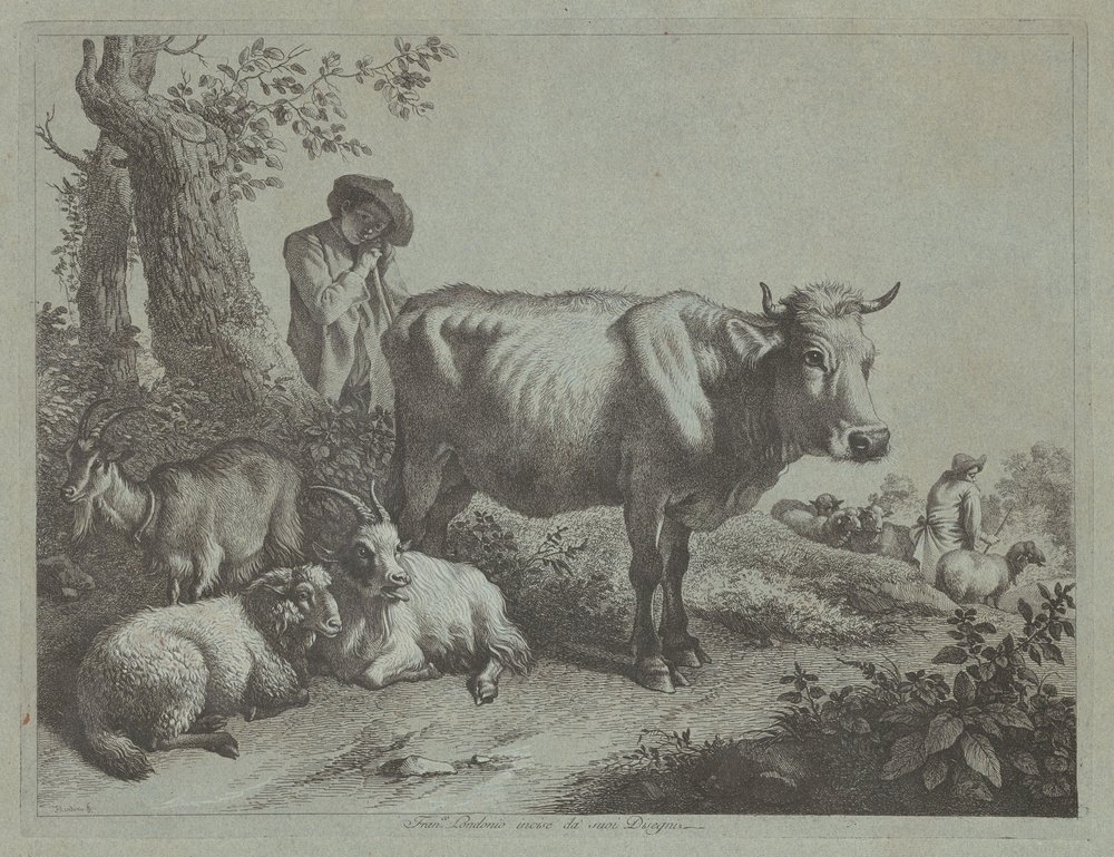 Standing Cow and a Shepherd Boy with Flock by Francesco Londonio