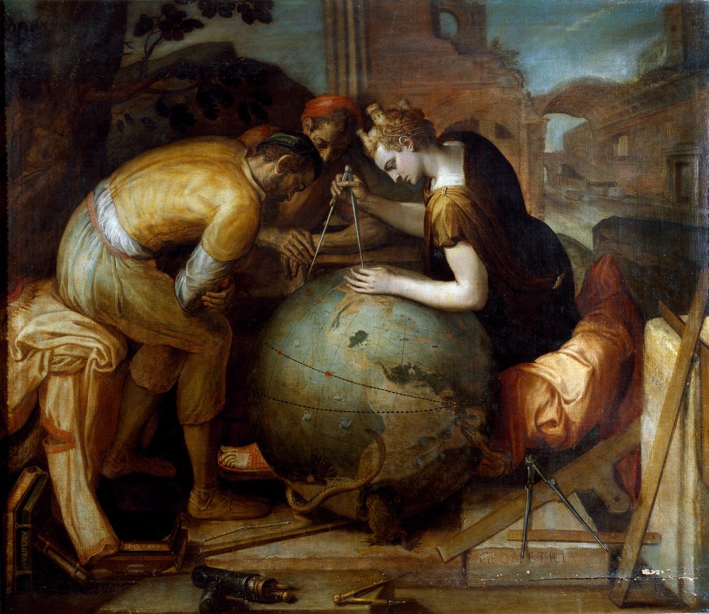 Geometry. Allegory and personification of Geometry holding a compass above a globe. Different geometric instruments are arranged in the foreground. Painting by Frans Floris (1515-1570) by Frans Floris