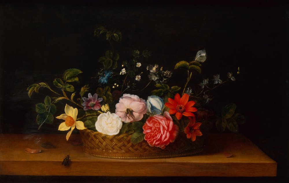 Flowers in a Basket with Insects on a Ledge by Frans Ykens