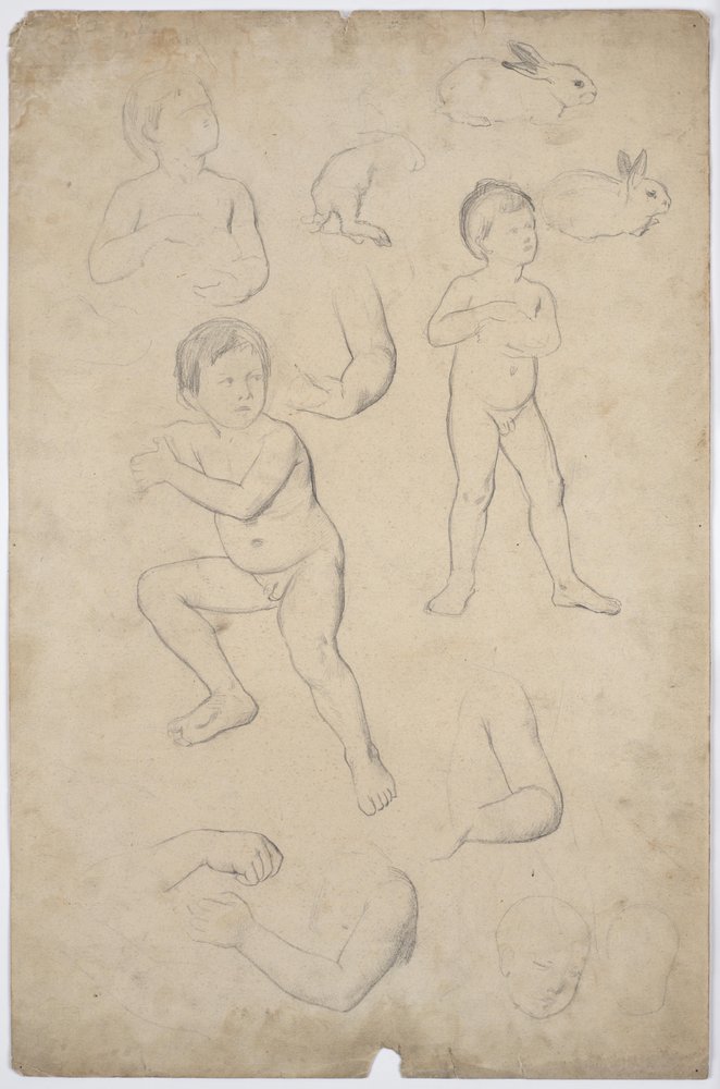 Studies of Child Nudes and Heads, 2 Hares by Franz von Matsch