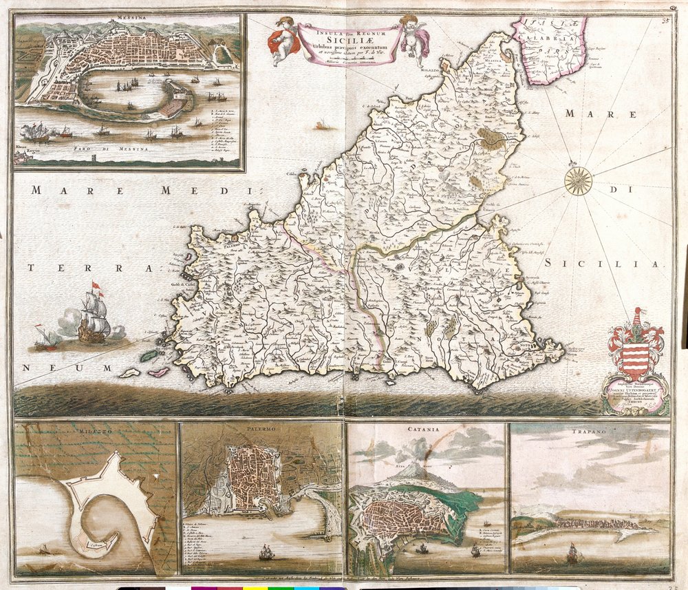 Map of the Kingdom of Sicily, Italy, with views of the cities of Messina, Milazzo, Palermo, Catania and Trapani by Frederick de Wit