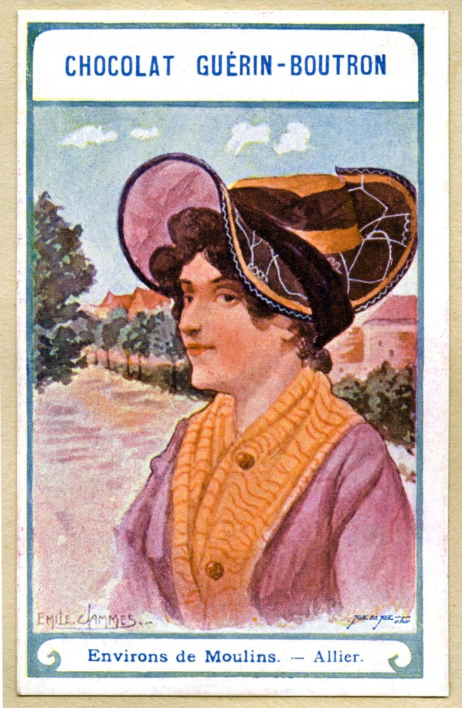 Advertising Chromolithography of Chocolates Guerin Boutron, The Headdresses of the Regions of France, Surroundings of Moulins, Allier, Illustration Emile Jammes by French School