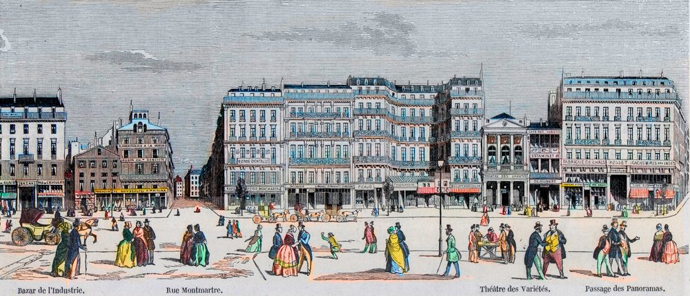 Boulevard Poissonniere and Boulevard Montmartre - Bazaar of Industry - Rue Montmartre - Theatre des Varietes and Passage des Panoramas - Engraving in 