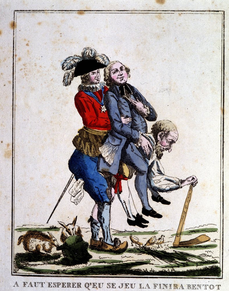 Cartoon on tax before the Revolution: Clergy and Noblesse living on the back of the Third State, circa 1789 by French School
