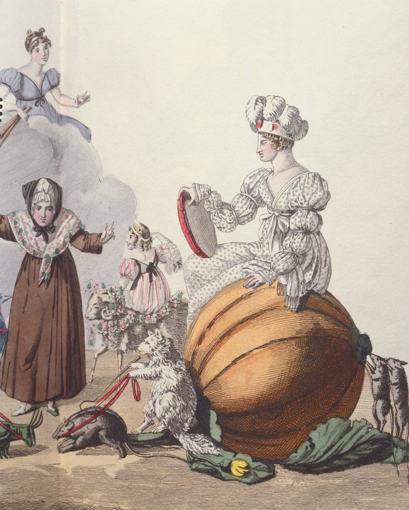 Characters from a farce The Six Slippers or Rendez-vous of Cinderellas by French School