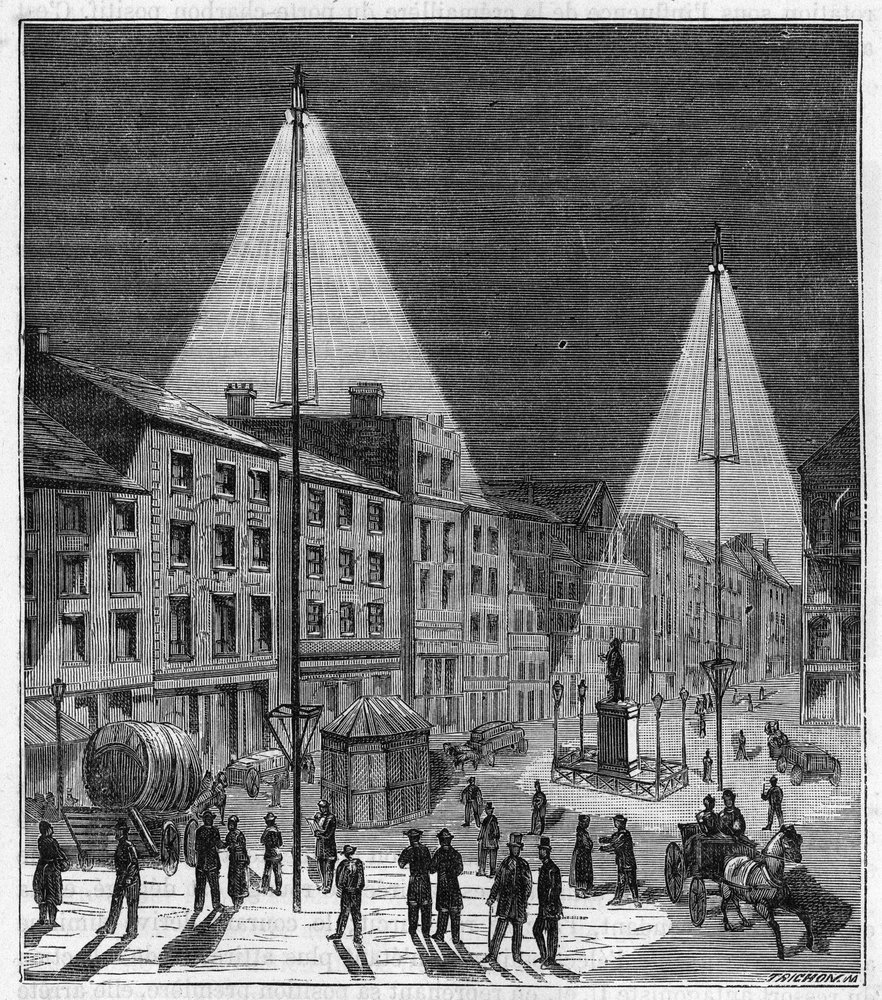 Electric lighting of the city of Norwich in England in the 19th century - Engraving in "Sciences Available to All - Popular Physics and Chemistry" by Alexis Clerc - Late 19th century by French School