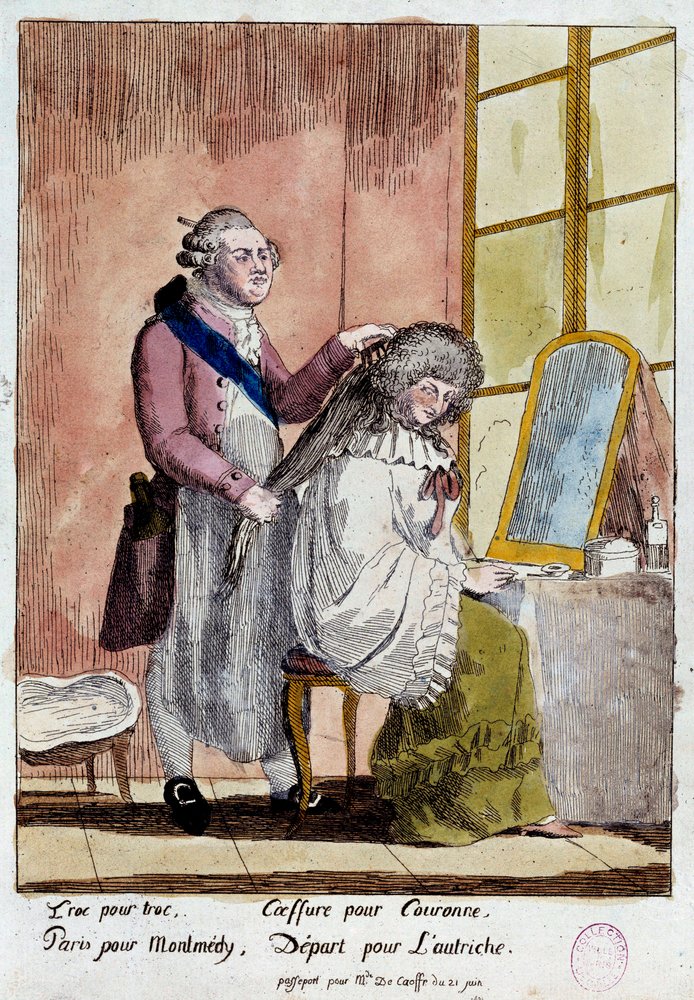 French Revolution: Cartoon on the flight of the royal family to Varenne on 20 and 21/06/1791: King Louis XVI styling Queen Marie Antoinette was supposed to leave with the false passport of governess of the children of the Baroness of Korff. Anonymous colou by French School