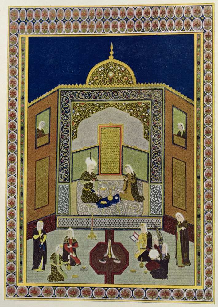 Kadi Pere-au-pet under the dome, illustration for The Arabian Nights, 1895 by French School