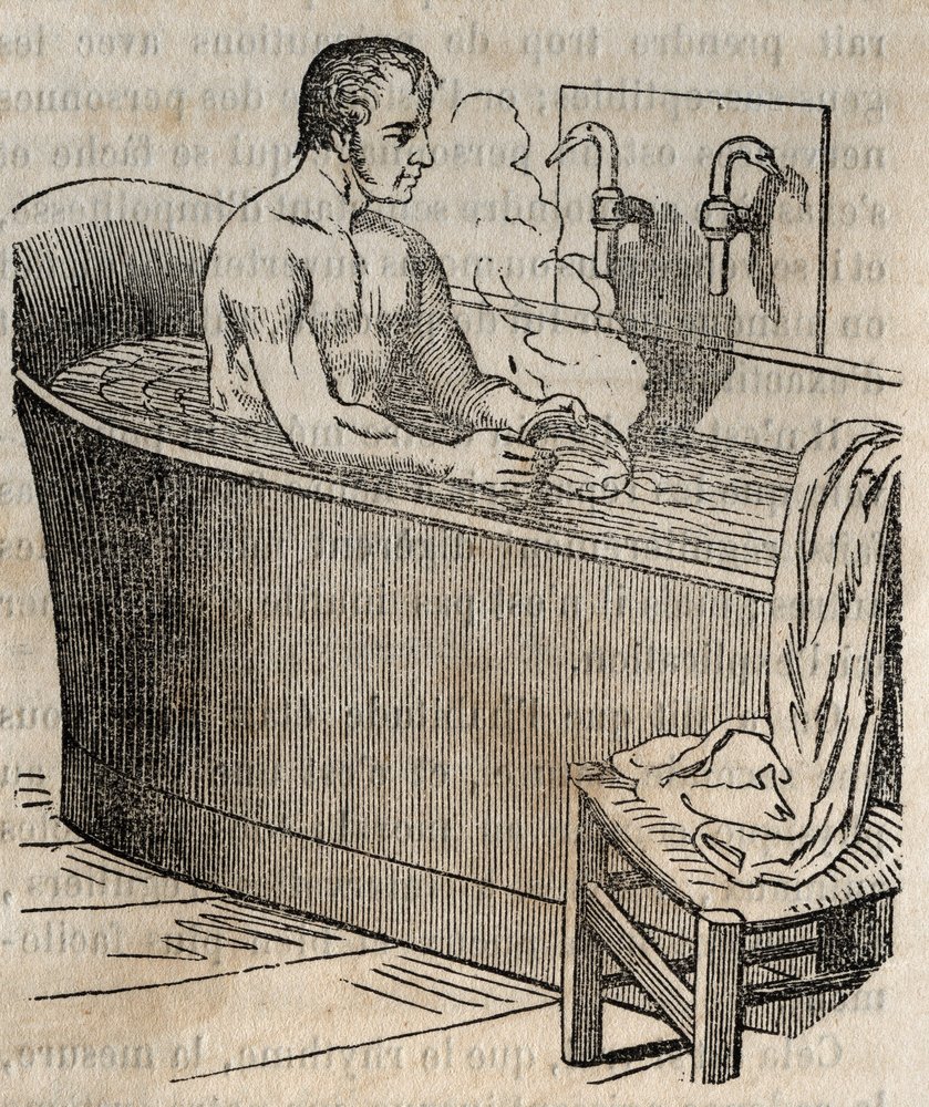 Les gestures du bain - Hygiene in the 19th century - man in a bathtub - engraving in La Sante Universelle - Guide Medical des Familles 1852 by French School