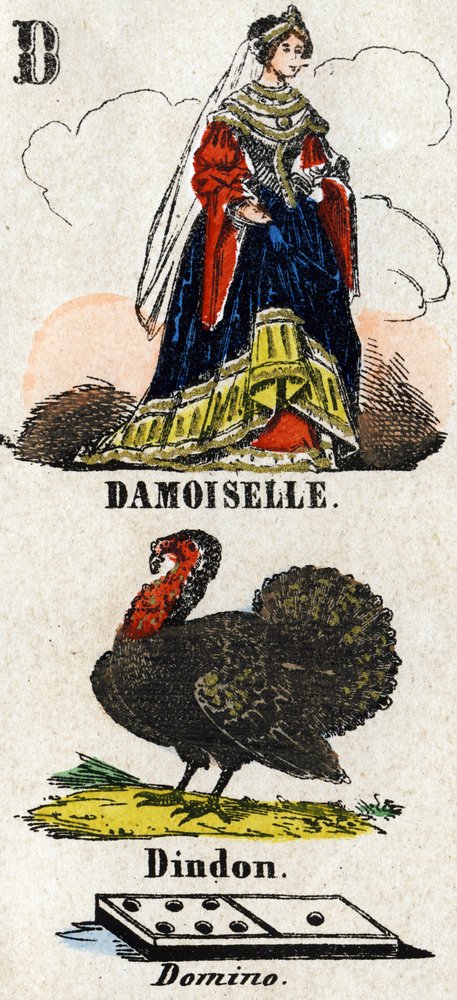 Letter D as Damoiselle, Turkey and Domino. Small Encyclopedic Alphabet. Imaging of Epinal, circa 1860 by French School
