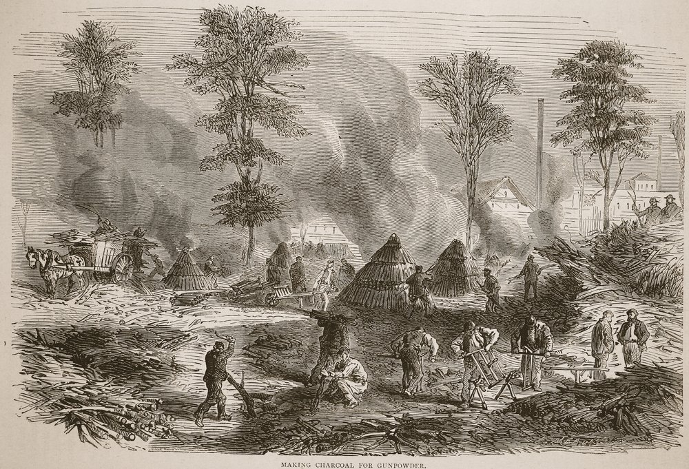 Making charcoal for gunpowder, illustration from Cassells History of the War between France and Germany, 1870-1871 by French School