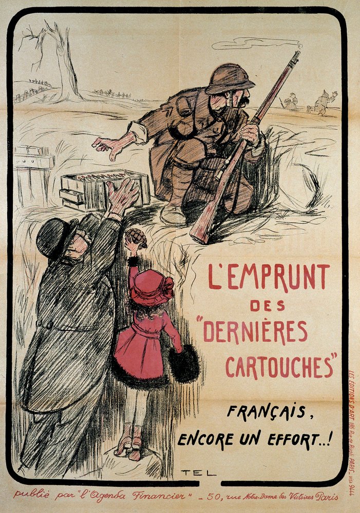 Propaganda poster during World War I: “Borrowing the last cartridges, Frenchmen, one more effort”, 20th century. Allons-y Collection. by French School