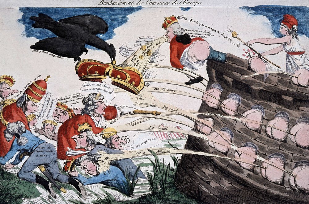Revolutionaries guided by Marianne bombarding European sovereigns with their crap. Cartoon published during the French Revolution period. Etching. 1792. Musée Carnavalet by French School