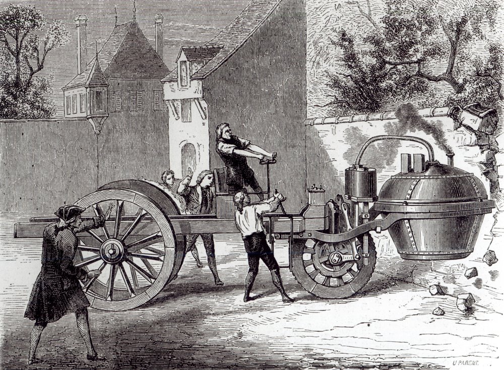 Steam-powered car invented by Nicolas Joseph Cugnot (1725-1804) in 1771 ...