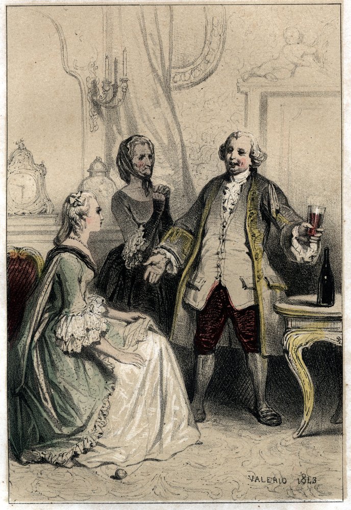 The English comedian David Garrick (1717-1779), disguised as a coach, burst into a duchess eager for him to try to reason her and convince her of the absurdity of her love for him. Plate taken from 