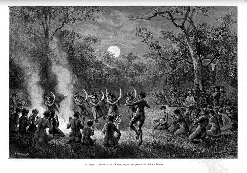The dance of boomerang around fire among the Aboriginal people of Australia - in "Tour du Monde" by French School