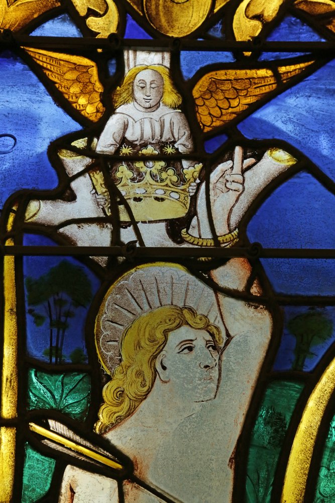 Window depicting Angel placing a Crown on the Head of Saint Sebastian ...