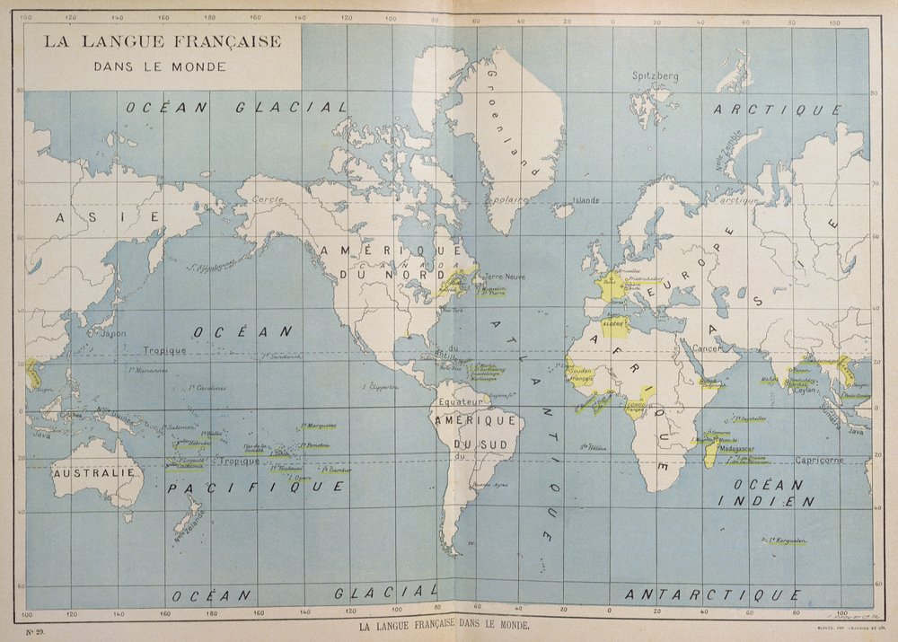 World map of French-speaking countries, early 20th century