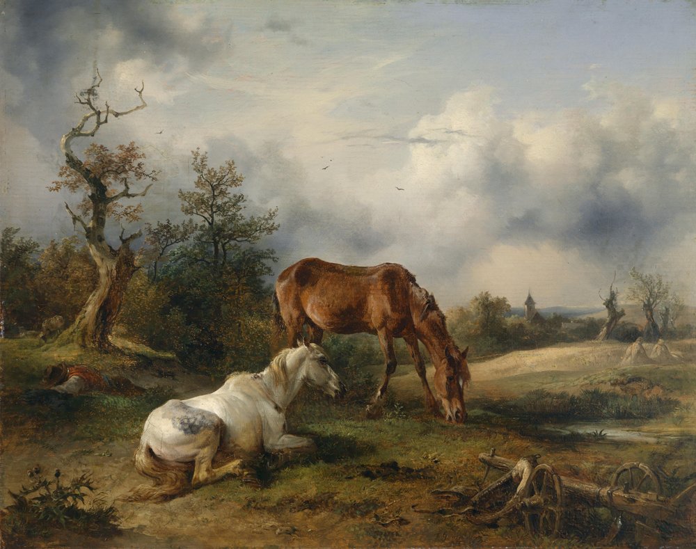 Two Horses (a Grey and a Chestnut) in the Pasture by Friedrich Gauermann