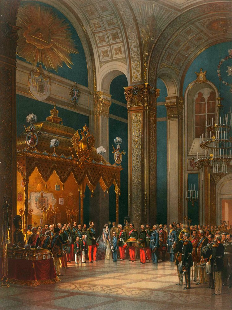 Homage of Cossack officers in the Throne Hall, coronation of Tsar Alexander II, Moscow by Georg Wilhelm Timm