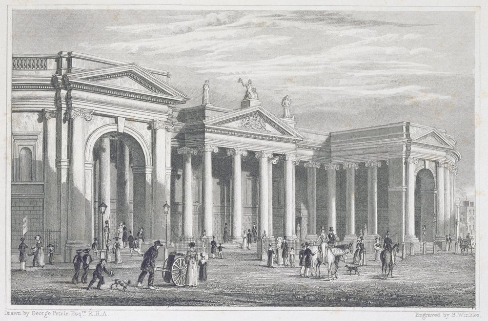 South Portico of the Bank of Ireland, Dublin, Originally the Parliament House, Engraved by B. Winkles by George Petrie