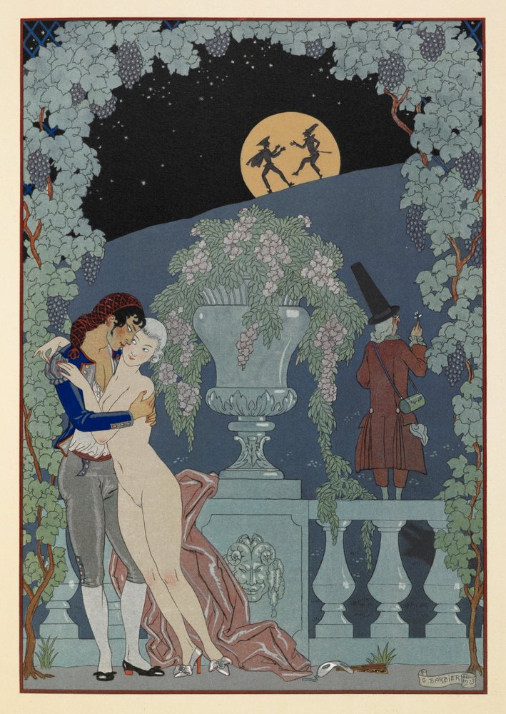 Marionettes. From Debussy’s Fêtes Galantes, Scaramouche and Pulcinelle. Man embracing a naked woman. Two figures in silhouette against the moon. by Georges Barbier