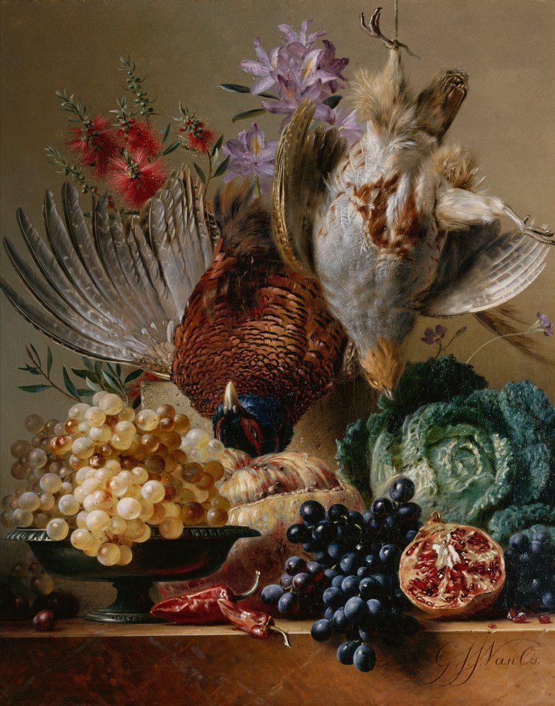 Dead Pheasant, Partridge, Grapes, Cabbage, Fruit and Flowers on a Ledge