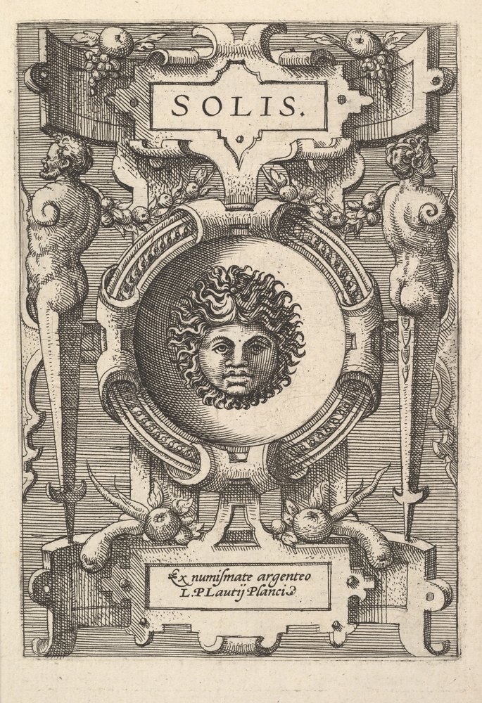 Bust of Sol surrounded by strapwork, from the series 