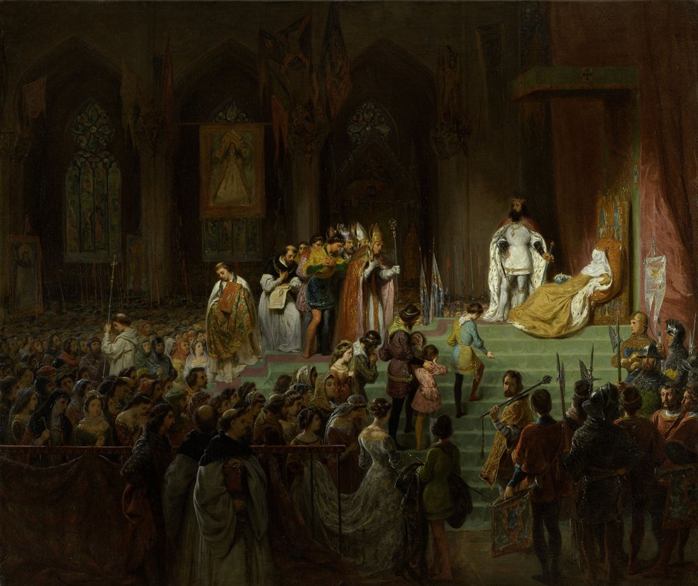 The coronation of the dead Inês de Castro in the Cathedral of Coimbra, 1827-1828. by Gillot Saint-Evre