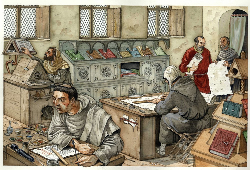Middle Ages: Monks Copying Manuscripts in a Scriptorium, 13th Century. Illustration by Giorgio Albertini by Giorgio Albertini