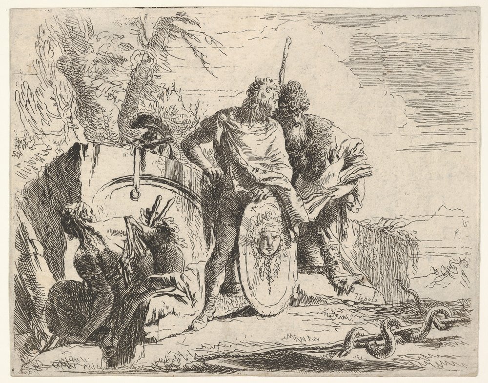 Three figures and a snake coiled around a staff, surrounded by a landscape by Giovanni-Battista Tiepolo