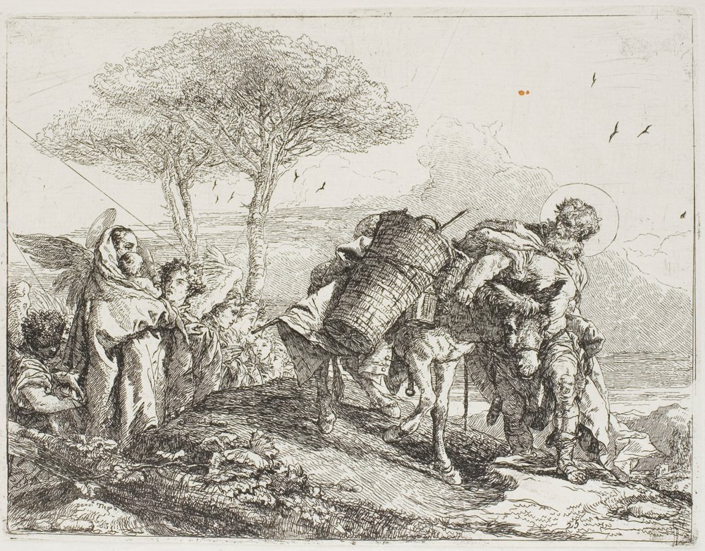 Mary, Helped by Two Angels, Follows Joseph with the Donkey (plate 25 from The Flight into Egypt) by Giovanni Domenico Tiepolo