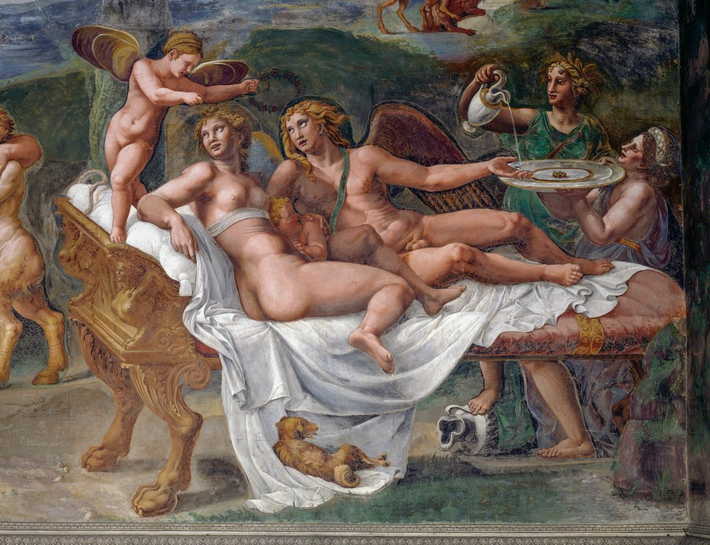Cupid and Psyche with their daughter Voluptas lying on bed, detail from Wedding feast or Banquet of gods, fresco by Giulio Romano, Palazzo Te, Mantua, Lombardy, Italy by Giulio Romano