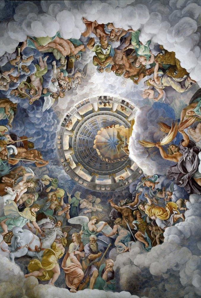 General view of the ceiling of the Hall of the Giants, Mantua (Palazzo del Te, Mantova): the Gods of Olympus. Fresco by Giulio Pippi de