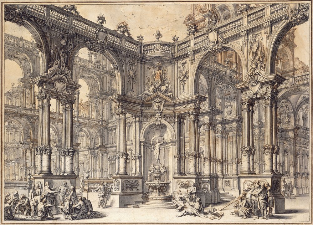 The Portico of an Italian Palace with a Fountain Decorated with a ...