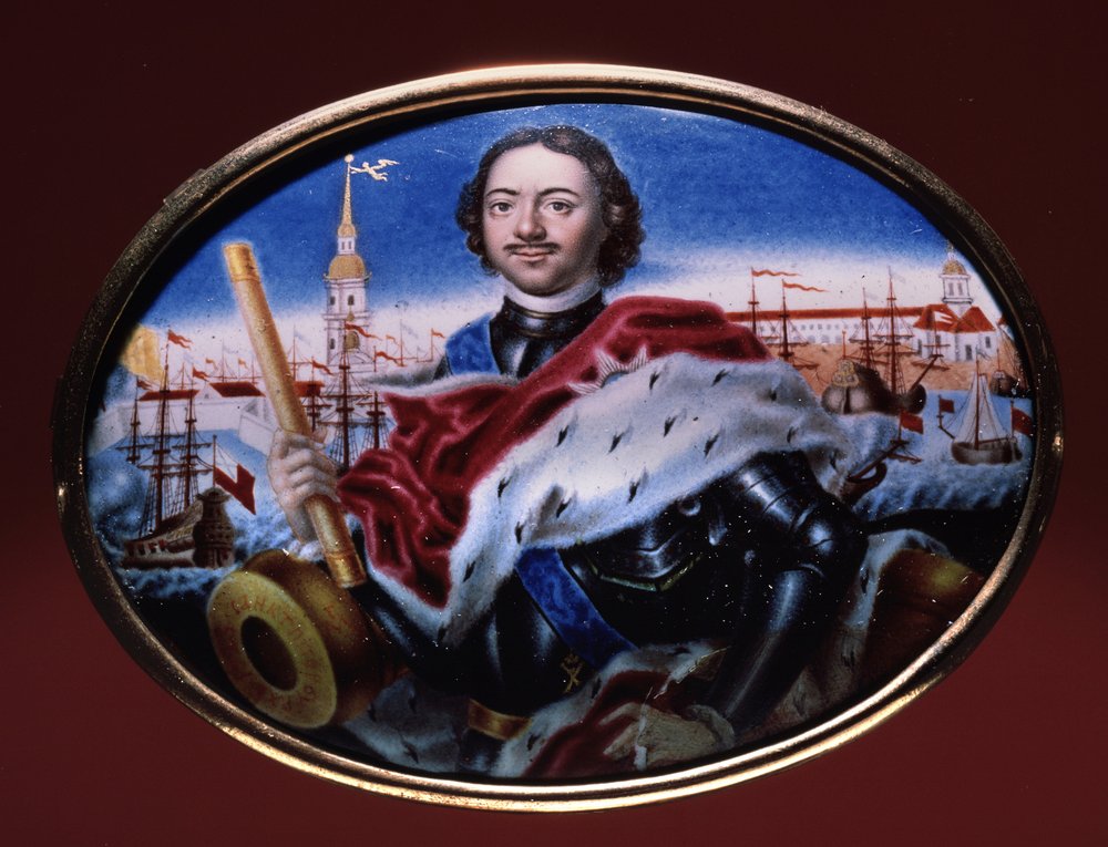 Portrait of Emperor Peter I with a view of the Peter and Paul Fortress ...