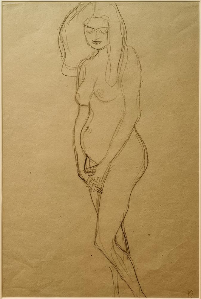 Standing nude pregnant woman facing left, the hands… by Gustav Klimt