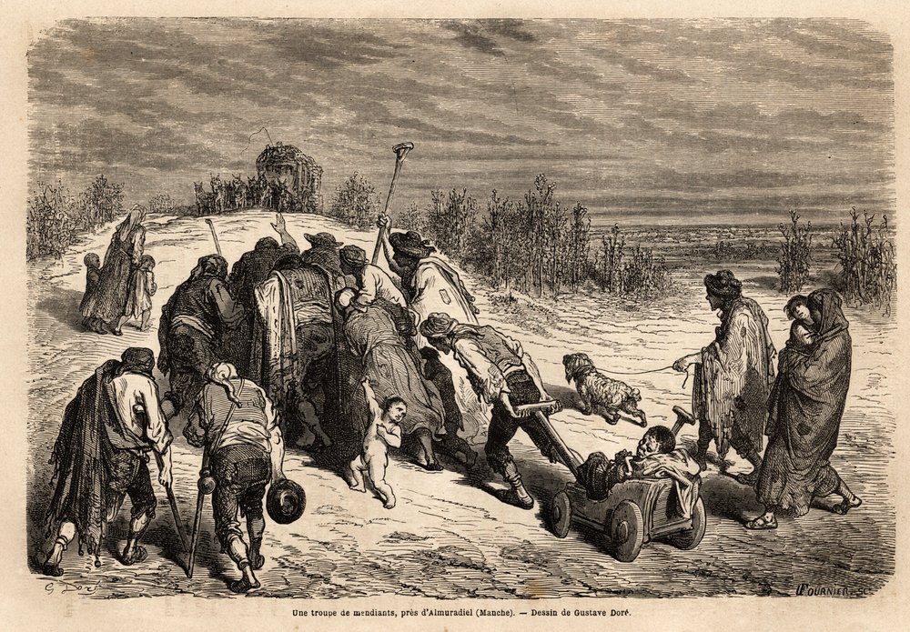 A Troupe of Beggars and Infirm, a Veritable Court of Miracles, is Headed for a Diligence to Ask for Alms in the Vicinity of Almuradiel (Mancha Province). Drawing by Gustave Dore (1832-1883). Engraving to Illustrate the Voyage in Spain, in 1862 by Charles by Gustave Dore