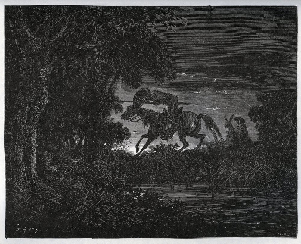 Don Quixote and Sancho Panza at the beginning of the adventure in a thick and unknown forest - from 