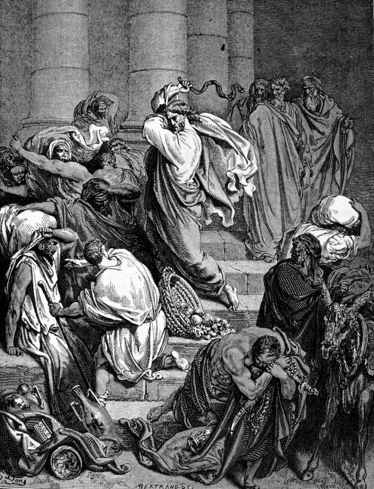 Jesus Christ chases the merchants from the Temple. Illustration by Gustave Doré. by Gustave Dore
