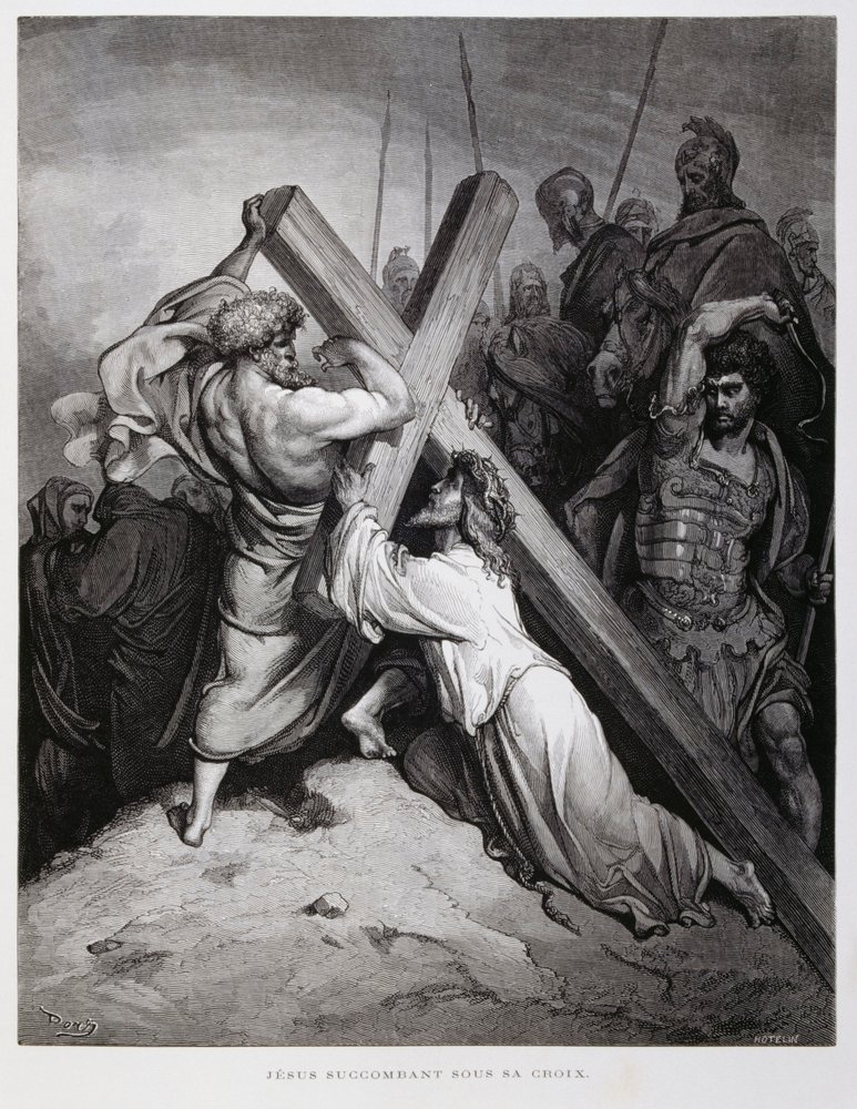 Jesus carries the cross, Illustration from the Dore Bible