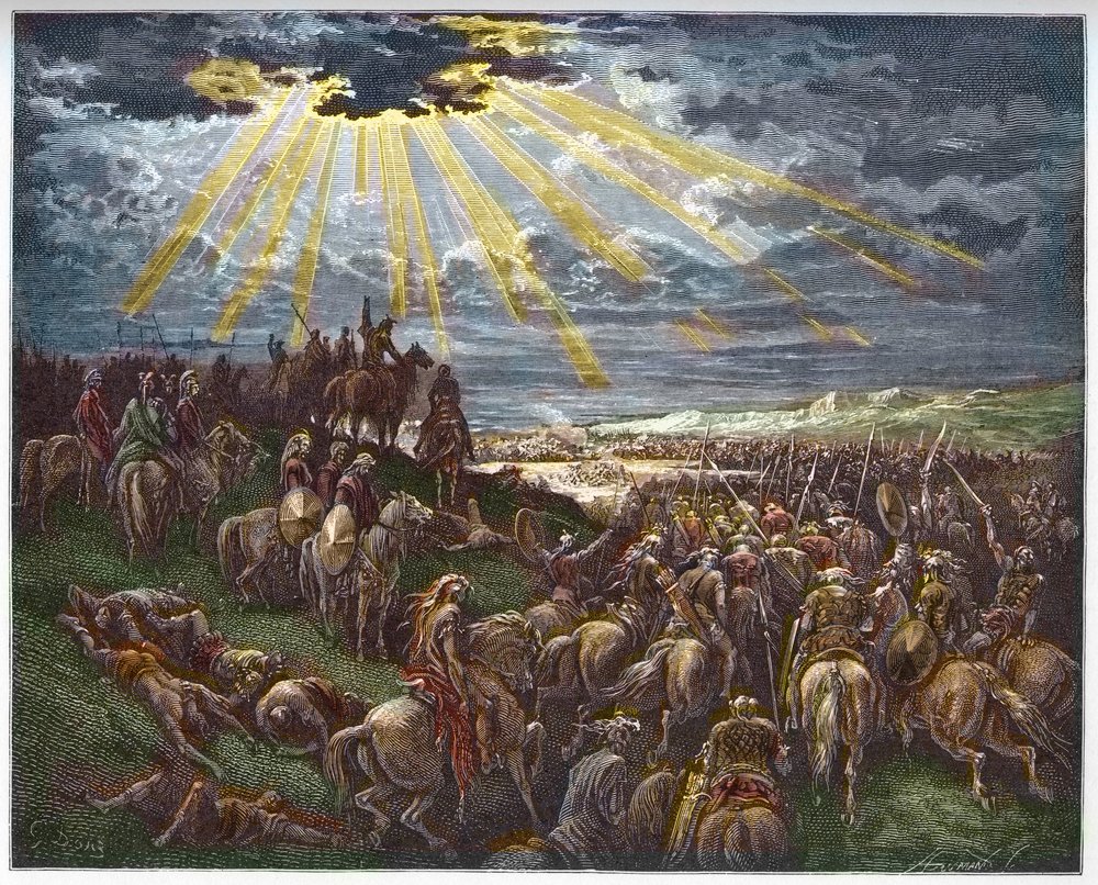 Joshua Commanding the Sun to Stand Still - engraving in 'The Bible ...