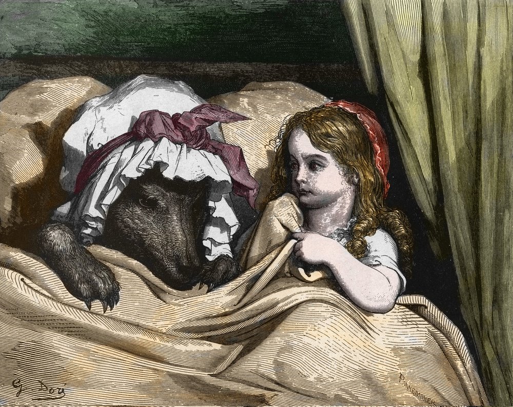Little Red Riding Hood and Wolf dislike Grandma. Illustration by Gustave  Dore, image size:1000x794
