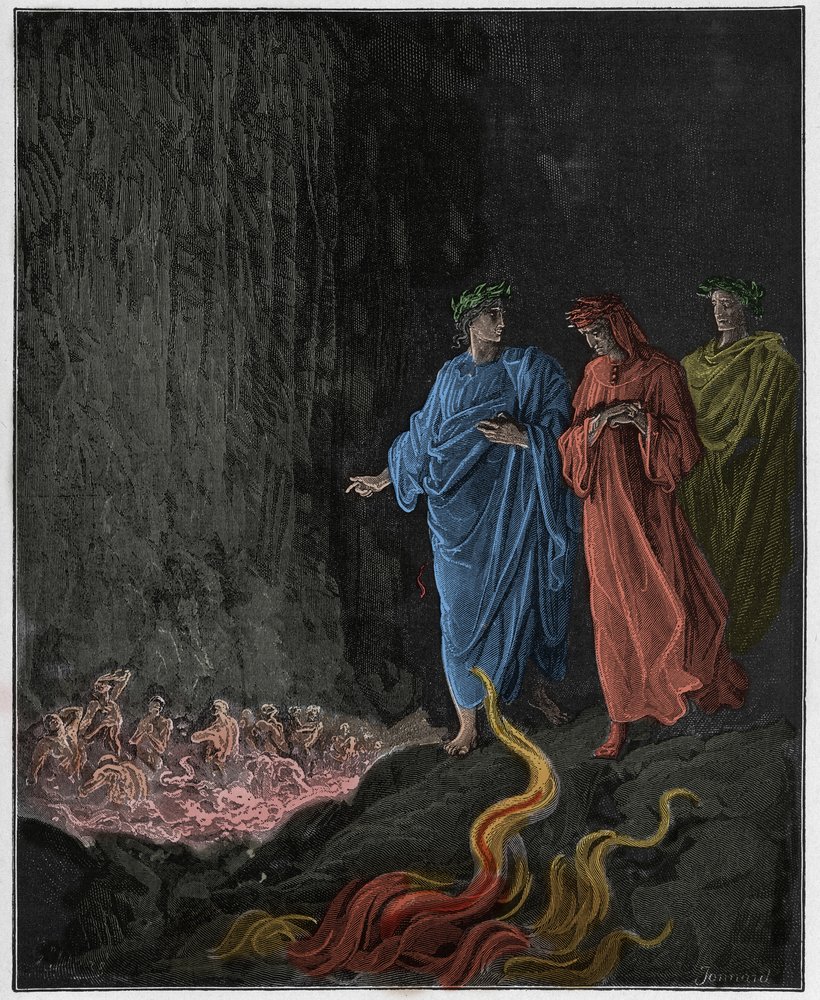 Purgatorio, Canto 25: The poets in the seventh circle, illustration from “The Divine Comedy” by Dante Alighieri, 1885 by Gustave Dore