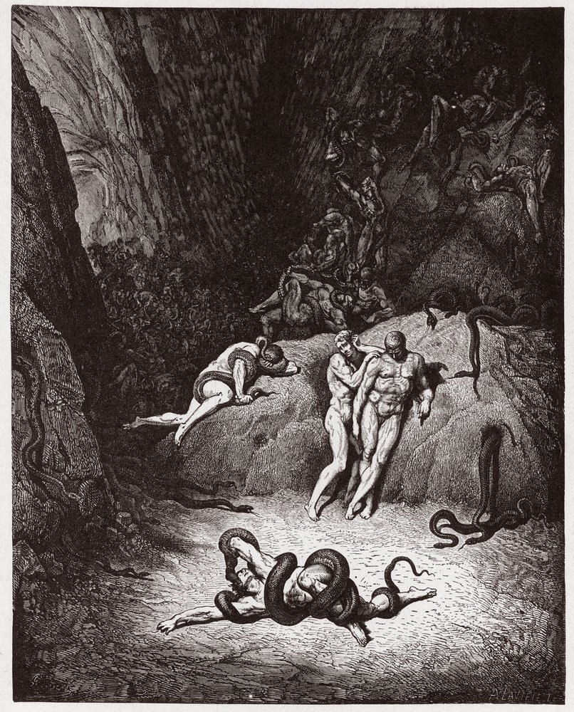 The Divine Comedy, Inferno, Canto 25: Agnello Transforming into a Serpent - by Dante Alighieri (1265-1321) - Illustration by Gustave Doré (1832-1883) by Gustave Dore