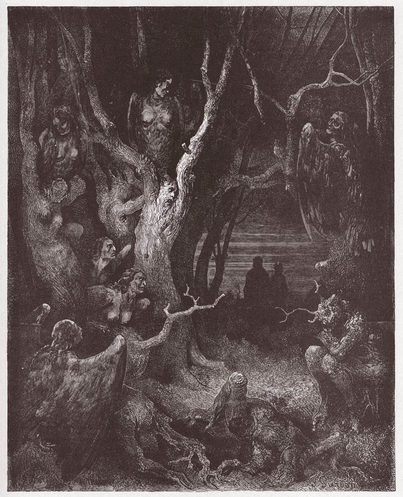 The Divine Comedy, Inferno, Canto 13: The Harpies in the forest of